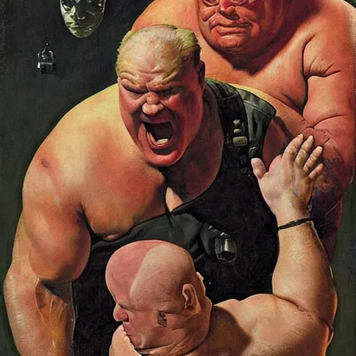 Prompt: brock lesnar as baron harkonnen is dismayed to find no option for oil on the menu, painted by norman rockwell and tom lovell and frank schoonover