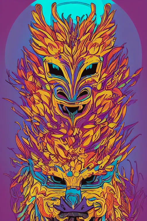 Image similar to animal mask totem roots flower tribal feather gemstone plant wood rock shaman vodoo video game vector cutout illustration vivid multicolor borderlands comics by josan gonzales and dan mumford radiating a glowing aura