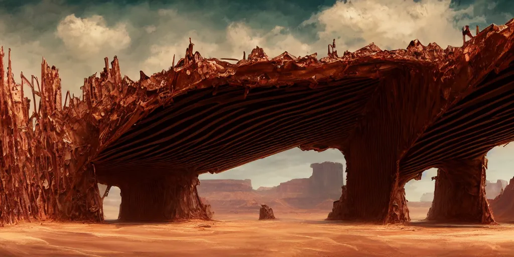 Image similar to a shiny chrome gargantuan underneath a rusted metal archway that spans the sky, desert canyons in background, matte oil painting, science fantasy, biblical, salt dunes, sacred, shrines, trees, rpg, queer, lgbt, pride, epic, extremely detailed, sharp focus, 4 k