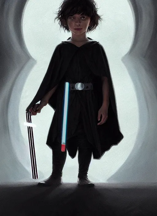 Image similar to perfectly - centered - portrait of a kid wearing black cloak holding light saber, intricate, highly detailed, digital painting, artstation, concept art, smooth, sharp focus, illustration, unreal engine 5, 8 k, art by artgerm and greg rutkowski and alphonse mucha and sam spratt