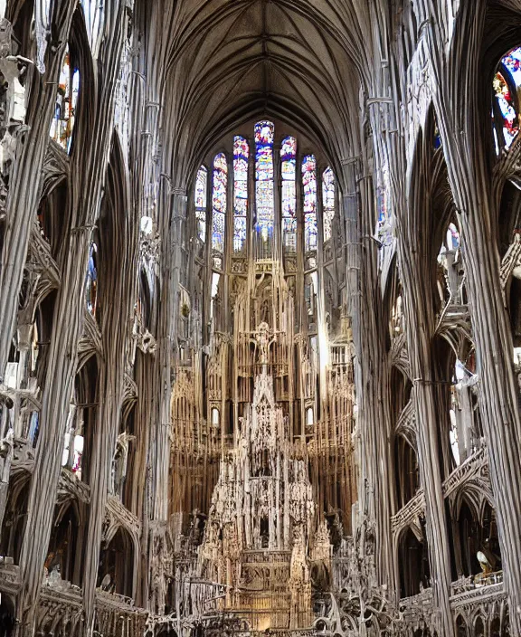 Prompt: an interior view of a grand cathedral made of bones and gemstones