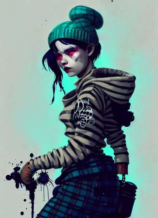 Image similar to highly detailed portrait of a sewer punk lady, tartan hoody, ringlet hair by atey ghailan, by greg rutkowski, by greg tocchini, by james gilleard, by joe fenton, by kaethe butcher, gradient light blue, black, cream and white color scheme, grunge aesthetic!!! ( ( graffiti tag wall background ) )