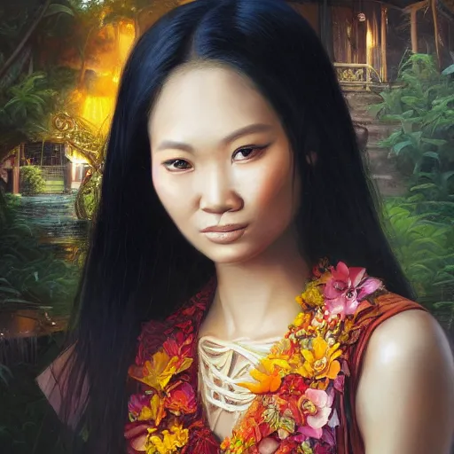 Image similar to portrait of an indonesian woman, an oil painting by ross tran and thomas kincade