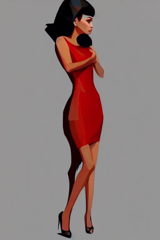 Image similar to full length including face illustration of very beautifully female looking like angelina jolly, shy pose, with amazing body figure, wearing tight short dress, tails haircut, digital painting, trending on art station and devian art, pop art, low polygons illustration