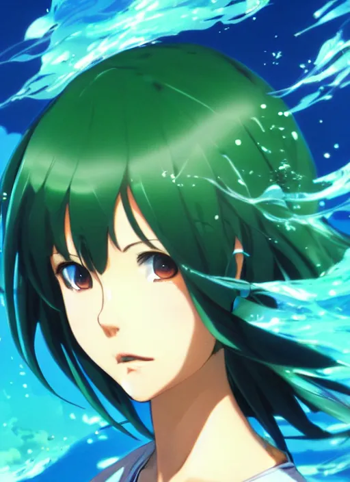 Image similar to makoto shinkai, artgerm, ilya kuvshinov, beautiful anime women with green dress, long blue hair, water powers water swirling, symmetrical face, symmetrical eyes, detailed, beach setting, cinematic lighting