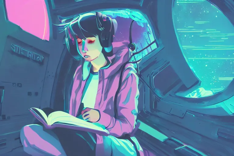 Image similar to a beautiful girl reading a book in space, lofi, anime, digital art, neon, synthwave,