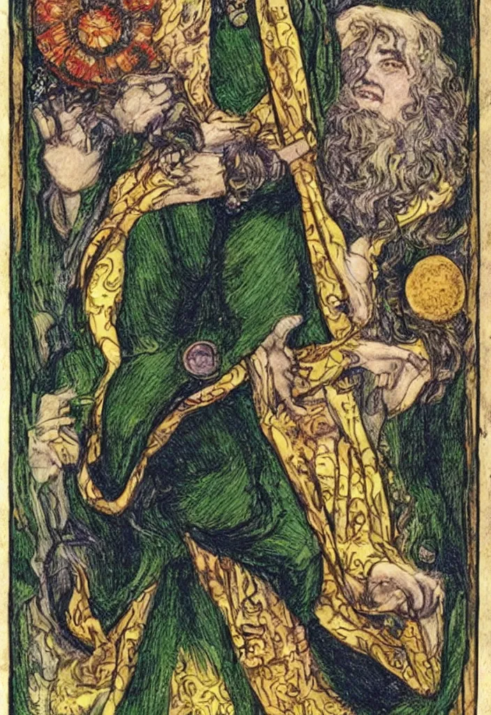 Image similar to Yoshua Bengio smiling on the Rider–Waite tarot. Illustration by preraphaelists.