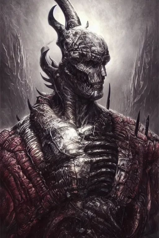 Image similar to portrait of dolph lundgren by hr giger, greg rutkowski and wayne barlowe as a diablo, resident evil, dark souls, bloodborne monster