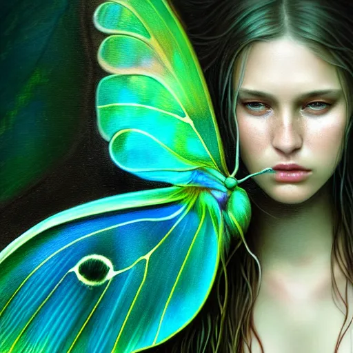 Prompt: girl in rain with wet hair and face, teal luna moth wing, fantasy, intricate, elegant, dramatic lighting, emotionally evoking symbolic metaphor, highly detailed, lifelike, photorealistic, digital painting, artstation, concept art, smooth, sharp focus, illustration, art by John Collier and Albert Aublet and Krenz Cushart and Artem Demura and Alphonse Mucha