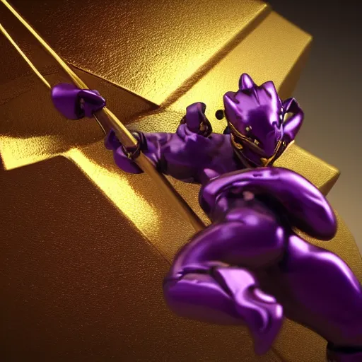 Prompt: gold knight fighting purple cougar, 3d render, honorable, cinematic, sharp