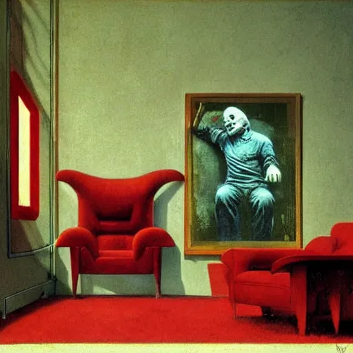 Image similar to michael myers sitting in a red sofa in an art deco living room, award - winning realistic sci - fi concept art by beksinski, bruegel, greg rutkowski, alphonse mucha, and yoshitaka amano