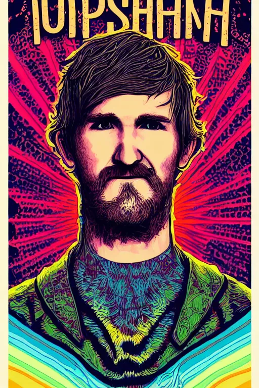 Prompt: inspirational style hope poster of bo burnham with beard, psychedelic colors, highly detailed, realistic, loving, portrait by james gurney and laurie greasley