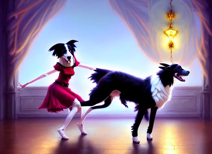 Image similar to wide shot painting of a male anthropomorphic border collie fursona dancing with a cute female anthropomorphic sheep fursona in a ballroom, beautiful, intricate, elegant, realistic proportions, highly detailed, scenic background, trending on artstation, art by charlie bowater and henry asencio and and ross tran