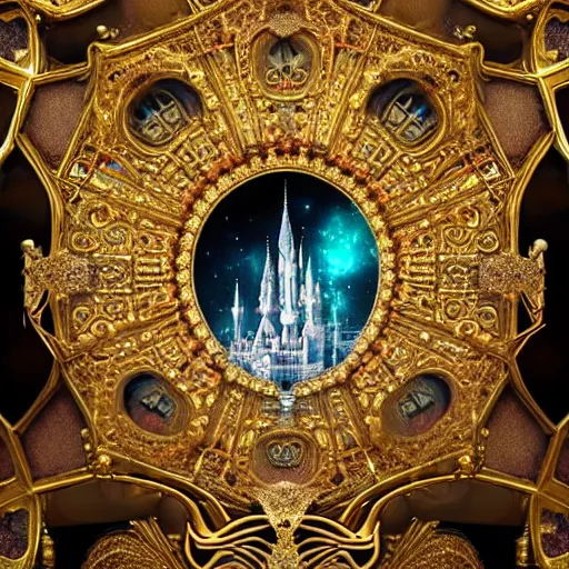 Prompt: symetrical highly detailed ornate with jewels and precious metals majestic, sandman kingdom, close up in the bg entrance castle kingdom of dreams, space ships, futuristic, land of advanced races, giants, hollow earth, hiperrealistc, global illumination, radiant light, detailed and intricate environment. art by oleg oprisco, 8 k