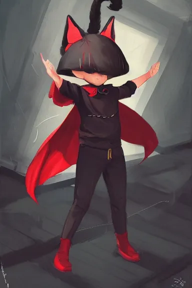 Image similar to little boy with cat ears in an black outfit with red cape. digital artwork made by lois van baarle and james jean and marc simonetti, sharpness focus, inspired by hirohiko araki, anatomically correct, heroic composition, hero pose, smooth