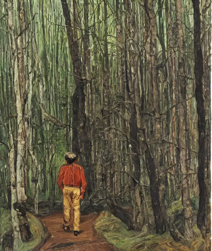 Image similar to indigenous man walking in the forest, painted by lucian freud, hd, super detailed, realistic, muted colors