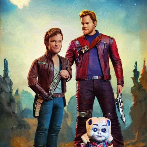 Image similar to the actor chris pratt as star lord sitting beside the doll chucky, disney land as backdrop, oil painting, by greg rutkowski