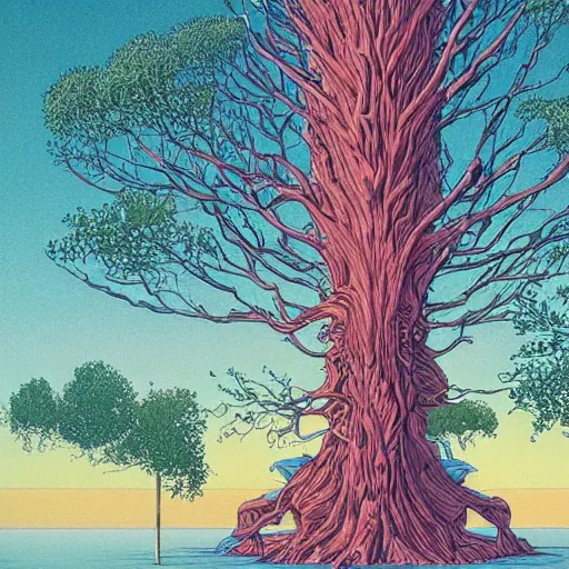 Image similar to a large tree growing from a large floating crystalline solid, by moebius