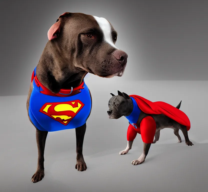 Image similar to pitbull dog wearing superman suit, hyperrealistic, 8 k resolution, well designed