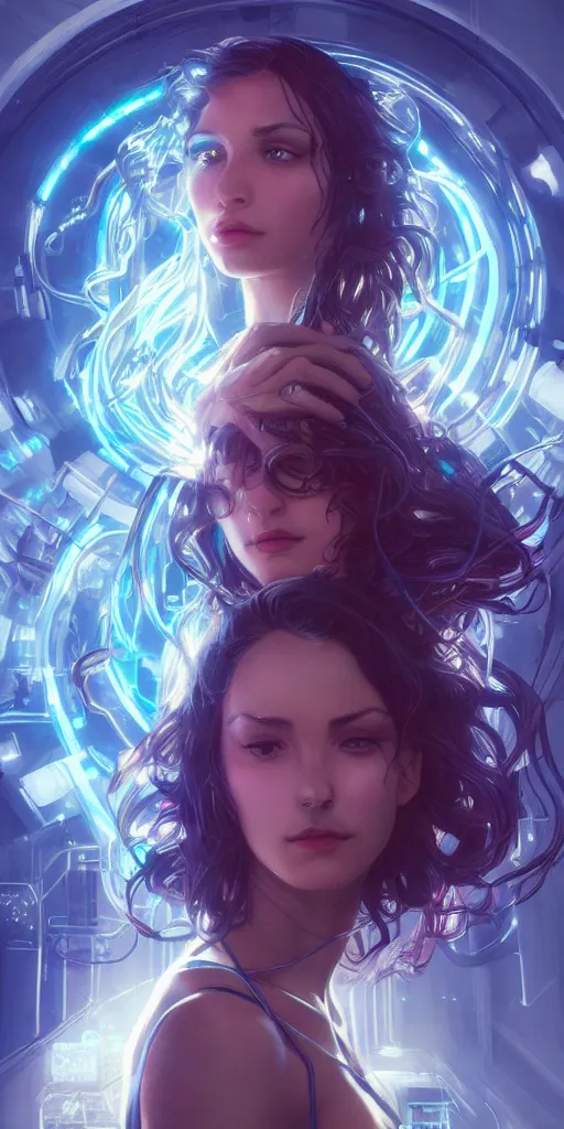 Image similar to beautiful, young woman, cybernetic, cyberpunk, wires, cables, halo, glow, detailed gorgeous face, flowing hair, vaporwave aesthetic, synthwave , digital painting, artstation, concept art, smooth, sharp focus, illustration, art by artgerm and greg rutkowski and alphonse mucha