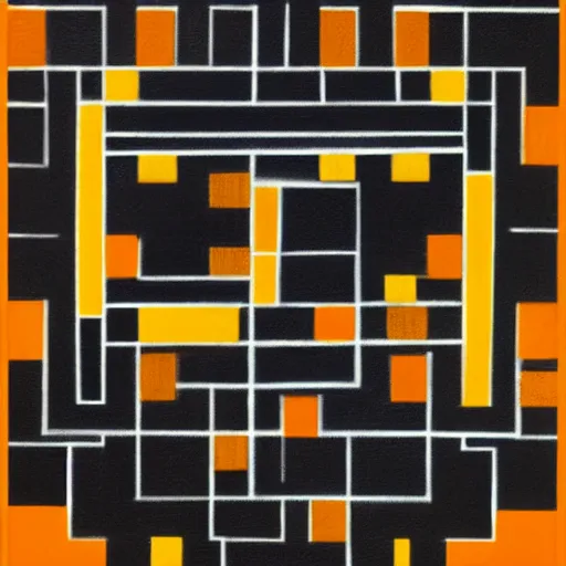 Image similar to an abstract painting of symmetric squares, circles and triangles in black, orange and yellow, inspired by piet mondrian