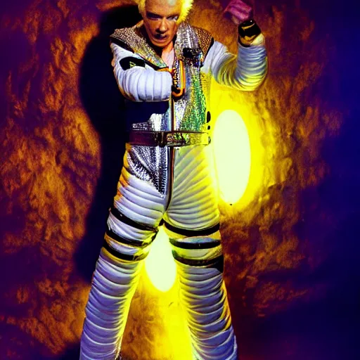 Prompt: uhd candid photo of cosmic billy idol wearing a spacesuit, glowing, global illumination, studio lighting, radiant light, detailed, correct face, elaborate intricate costume. photo by annie leibowitz