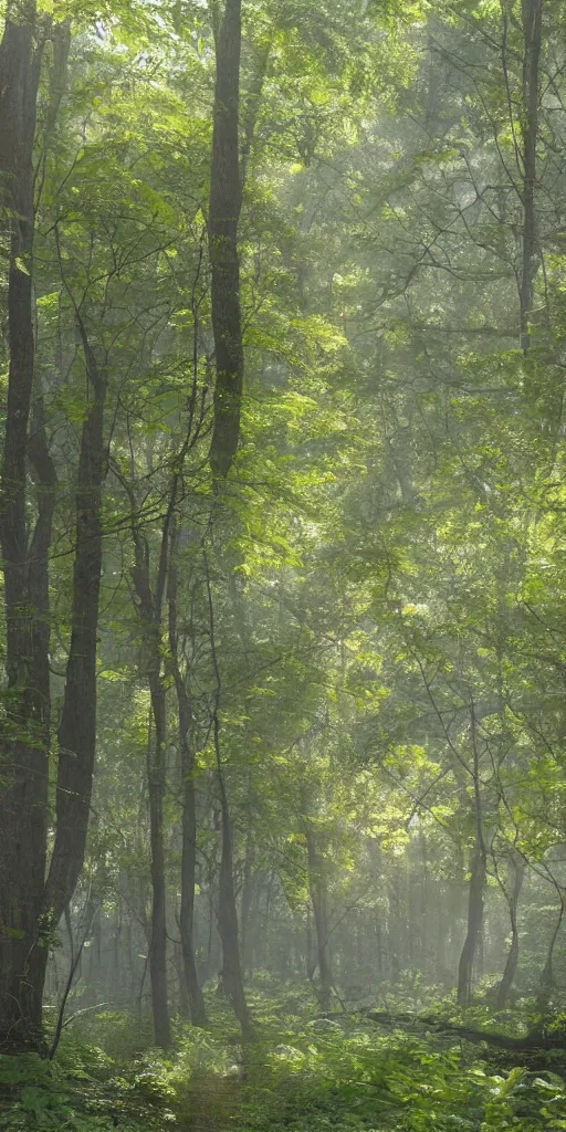 Image similar to An incredibly diverse forest, the light shoots through the trees from the sun, a walking path through the side, in the style of Hayao Miyazaki