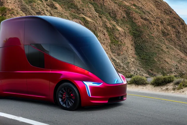 Prompt: Tesla cyber truck on the California pch