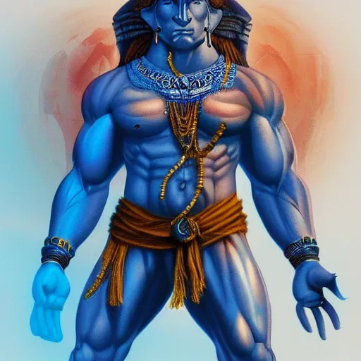 Prompt: muscular, blue bodied lord shiva, engineering a half elephant, half human being, vivid and colorful, cinematic, highly detailed, artstation