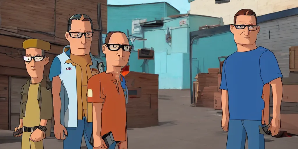 Image similar to Hank Hill and Dale Gribble standing in the alleyway, Pixar Animation style, 4K