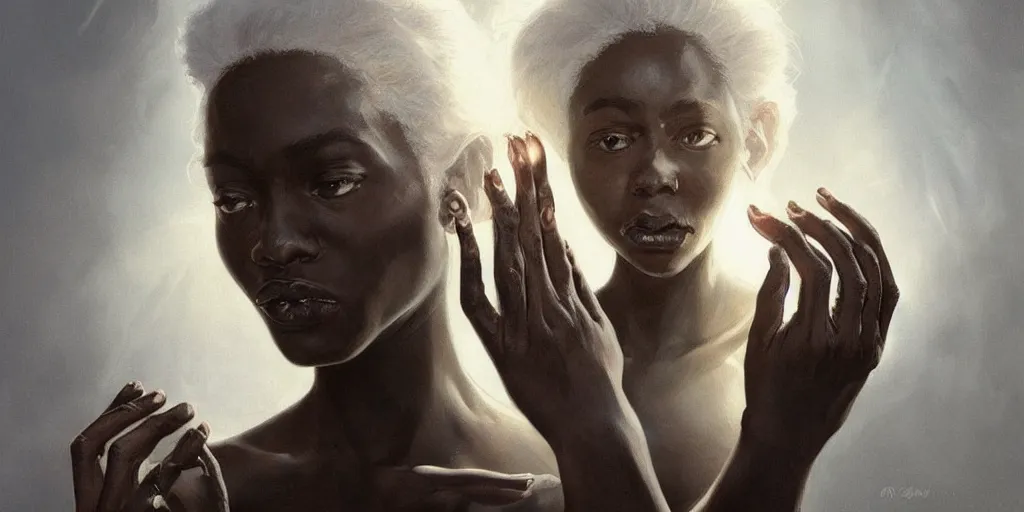 Image similar to black skin, many hands, gnarled fingers, intense black eyes, intense white hair, many mouths, just hands and eyes and mouths, intense lighting, light beams, lens flare, intricate, elegant, highly detailed, digital painting, artstation, concept art, smooth, sharp focus, illustration, art by artgerm and greg rutkowski and alphonse mucha