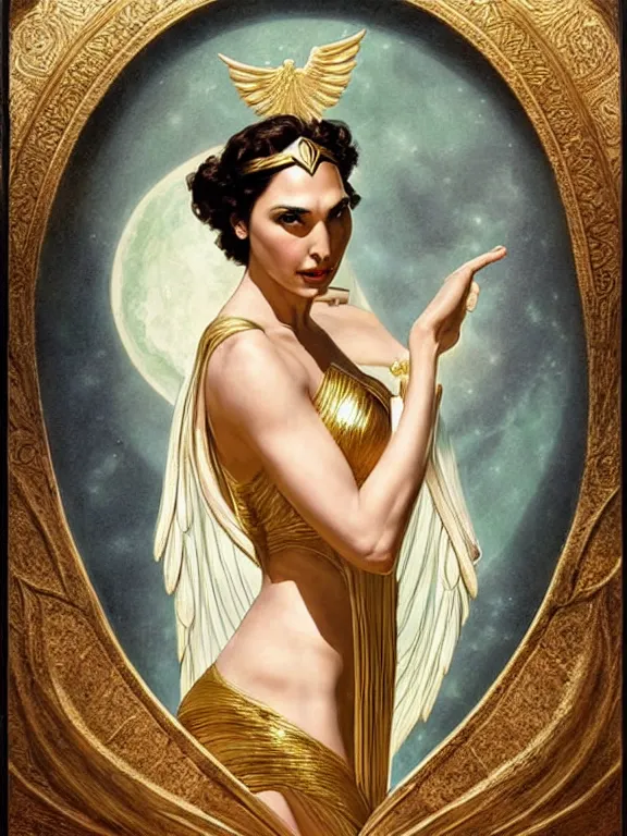 Image similar to Gal gadot as the magic Greek goddess Circe, a beautiful art nouveau portrait by Gil elvgren, moonlit Mediterranean environment, centered composition, defined features, golden ratio, intricate gold jewlery