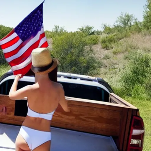 Prompt: photo of woman in the back of a pickup truck wearing bikinis drinking beer waving the american flag.