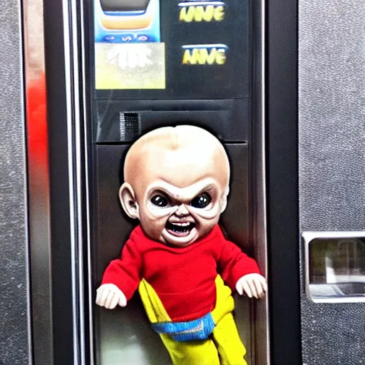 Image similar to tiny screaming chucky doll climbing out of a vending machine