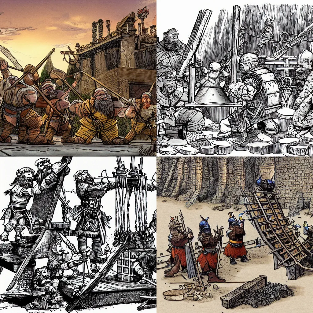 Prompt: a detailed illustration of a group of fantasy dwarves building a siege engine in the style of moebius