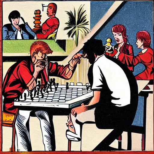 Image similar to dream and desire playing a match of chess, comic art