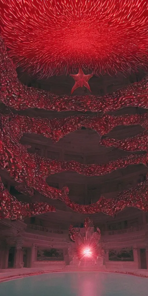 Image similar to light coming out of one starfish - like kaiju anthropomorphic monster, korean film noir by kim jong - il, korean traditional palace, pyongyang city, 1 9 6 0 s, red color bleed, 4 k, video compression, video glitch, monochrome, akira kurosawa, mamoru oshii, wes anderson, stanley kubrick