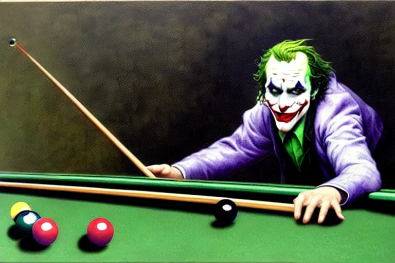 Image similar to a portrait of the joker playing pool by alan lee