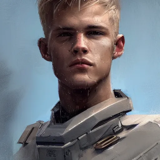 Image similar to Portrait of a man by Greg Rutkowski, he is about 20 years old, norwegian, short blond hair, young, manly, attractive, strong, older brother vibes, he is wearing futuristic military fatigues, highly detailed portrait, scifi, digital painting, artstation, concept art, smooth, sharp foccus ilustration, Artstation HQ