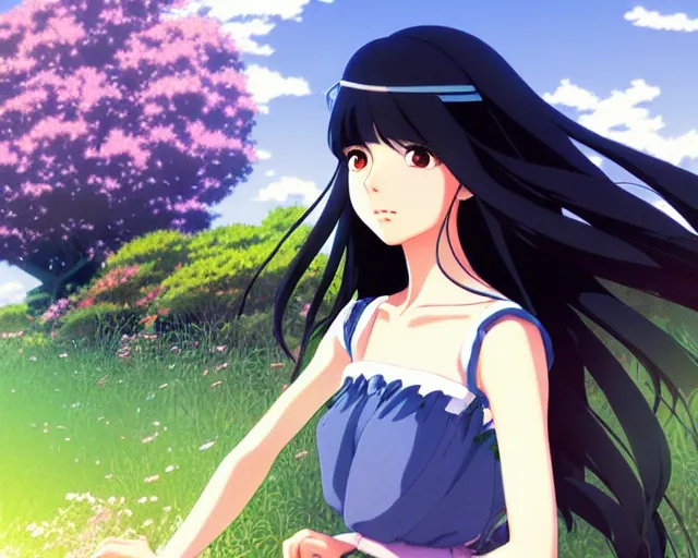 Image similar to beautiful anime girl with long black hair and bangs, fine details portrait, park in background, bokeh. anime masterpiece by Studio Ghibli. illustration, sharp high-quality anime illustration in style of Ghibli, Ilya Kuvshinov, Artgerm