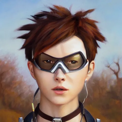 Prompt: oil painting of tracer overwatch in a field wearing large leather choker around neck, in style of mark arian, expressive face, detailed face, detailed eyes, full body, feminine face, tracer overwatch,