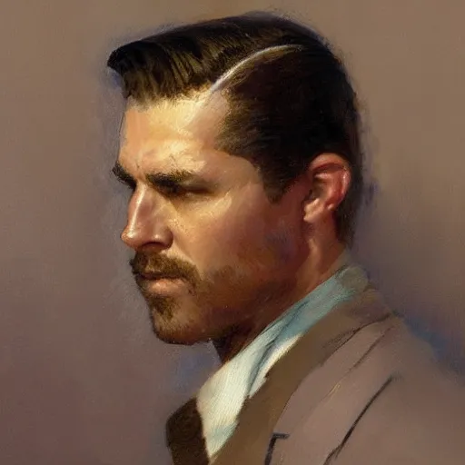 Image similar to a man with a slicked back haircut, painting by Gaston Bussiere, Craig Mullins