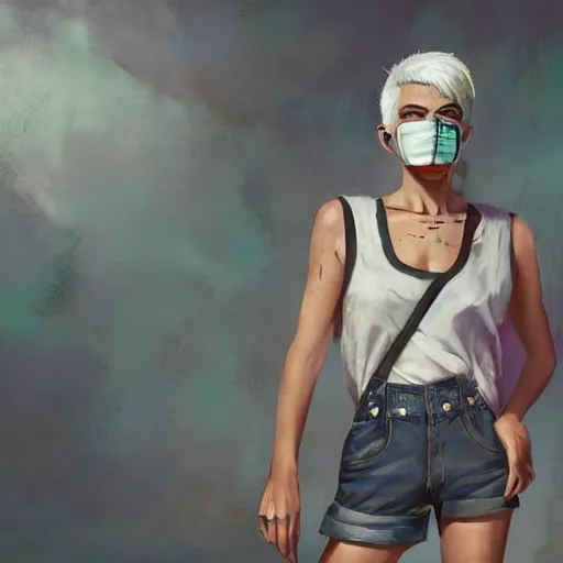 Prompt: a grungy woman with short white hair, shaved sides short top, soft eyes and narrow chin, dainty figure, torn overalls, short shorts, combat boots, rainbow bandana mask, basic white background, side boob, symmetrical, single person, style of by jordan grimmer and greg rutkowski, crisp lines and color,