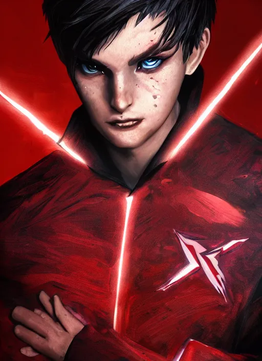 Image similar to An epic fantasy comic book style portrait painting of a young man with black and red cowlick haircut, red eyes, wearing an red shirt with X symbol, black overcoat, blue jeans. He is surrounded by red energy. Wearing a power scouter. Unreal 5, DAZ, hyperrealistic, octane render, cosplay, RPG portrait, dynamic lighting