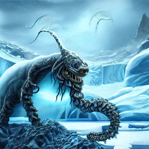 Image similar to ancient unknown eldritch creature rising from the ice, antarctica, digital art, realistic, detailed, artstation