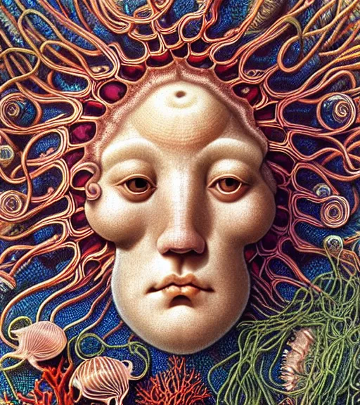 Image similar to hyperrealistic detailed underwater face portrait of the beautiful god of the jellyfish with an intricate headgear of corals, sea kelp, sea plants, fish, starfish, jellyfish, art by ernst haeckel, james jean, john william godward, gothic, neo - gothic, ornamental, beautiful deep colours,