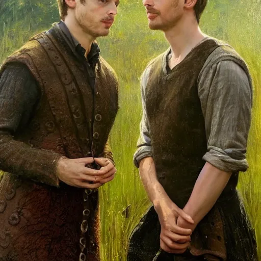 Prompt: Bradley James and Colin Morgan, 2 guys. From the television show Merlin (2008). In a beautiful meadow in love and happy;high-detailed oil painting by Mark Keathley, Thomas Eakins, trending on Artstation, masterpiece, 4k