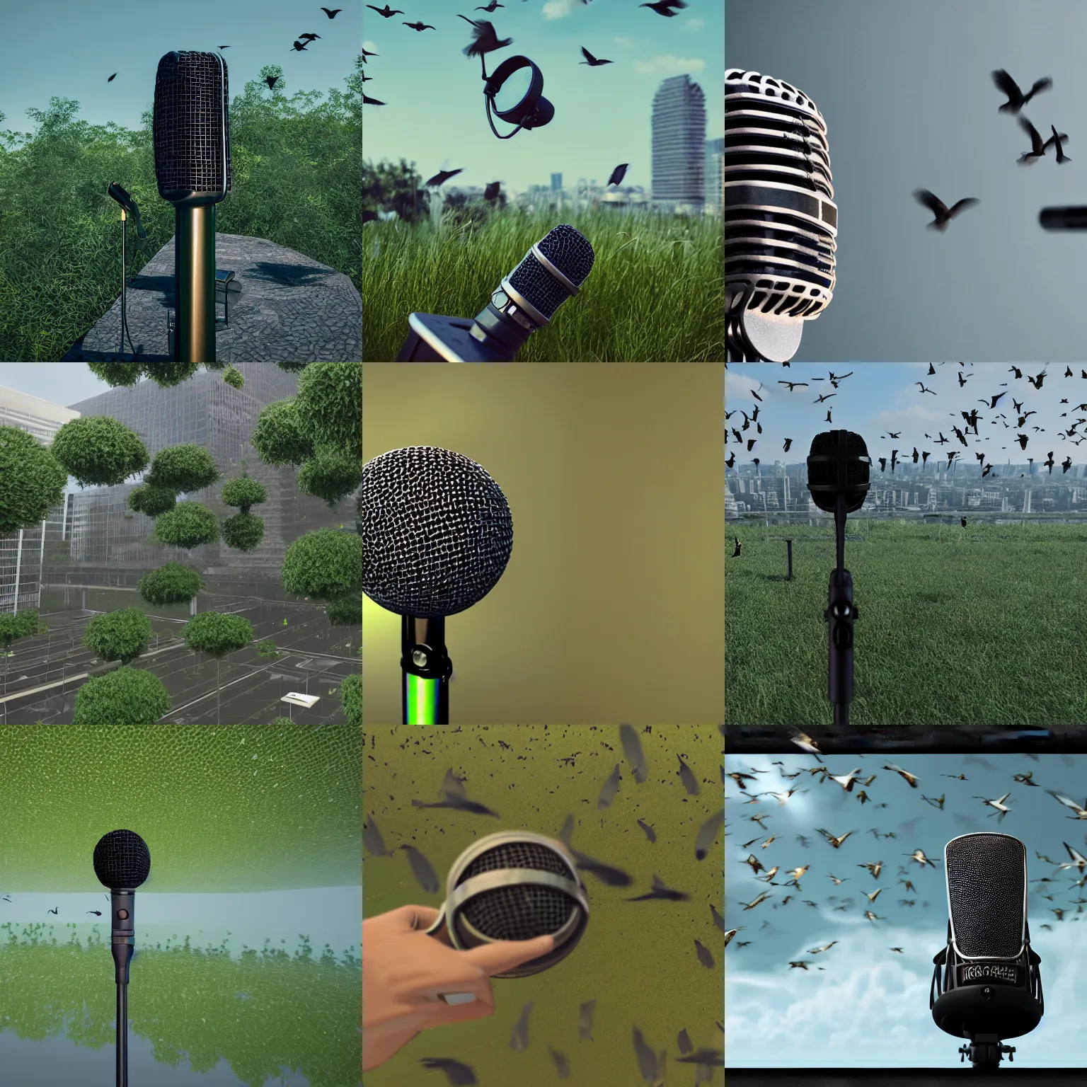 Prompt: a microphone that is a city floating in the air with birds flying around and a lot of green nature, trending on artstation, photorealistic, unreal engine