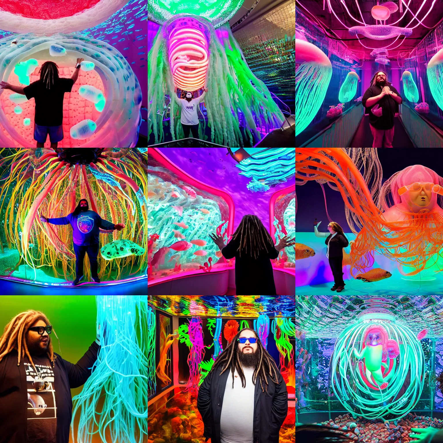 Prompt: an obese white skinned entrepreneur with long black dreadlocks and trendy glasses gives a ted talk inside a large aquarium of neon jellyfish, high detail, sharp focus, depth of field, hyper realistic, time magazine 2 0 2 2