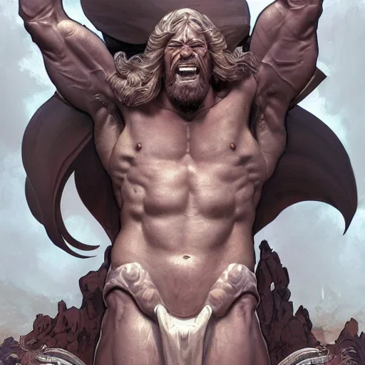 Image similar to hulking herculean ogre jesus christ, masterpiece, intricate, elegant, highly detailed, digital painting, artstation, concept art, smooth, sharp focus, illustration, art by artgerm and greg rutkowski and alphonse mucha and uang guangjian and gil elvgren and sachin teng, symmetry!!